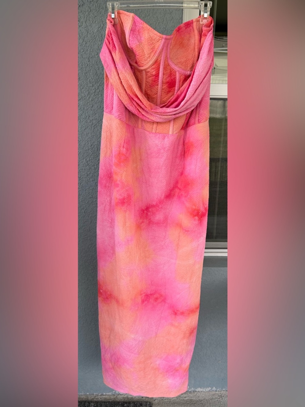 PrettyLittleThing Pink Orange Tie Dye Corset Like Maxi Dress Bodycon Size 22